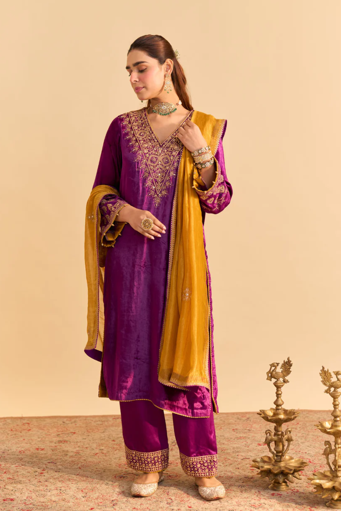 Aynaz - Silk Velvet Deep Purple Kurta With Salwar and Dupatta