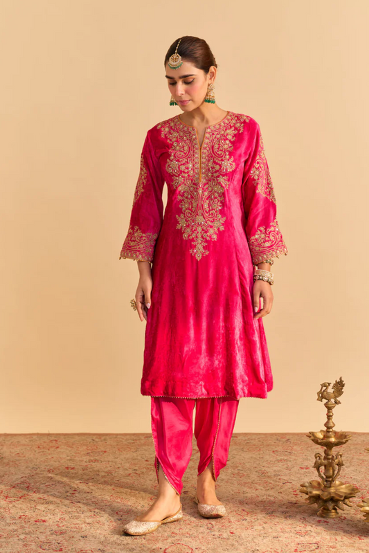 Fareeha - Silk Velvet Orange Kurta With Salwar