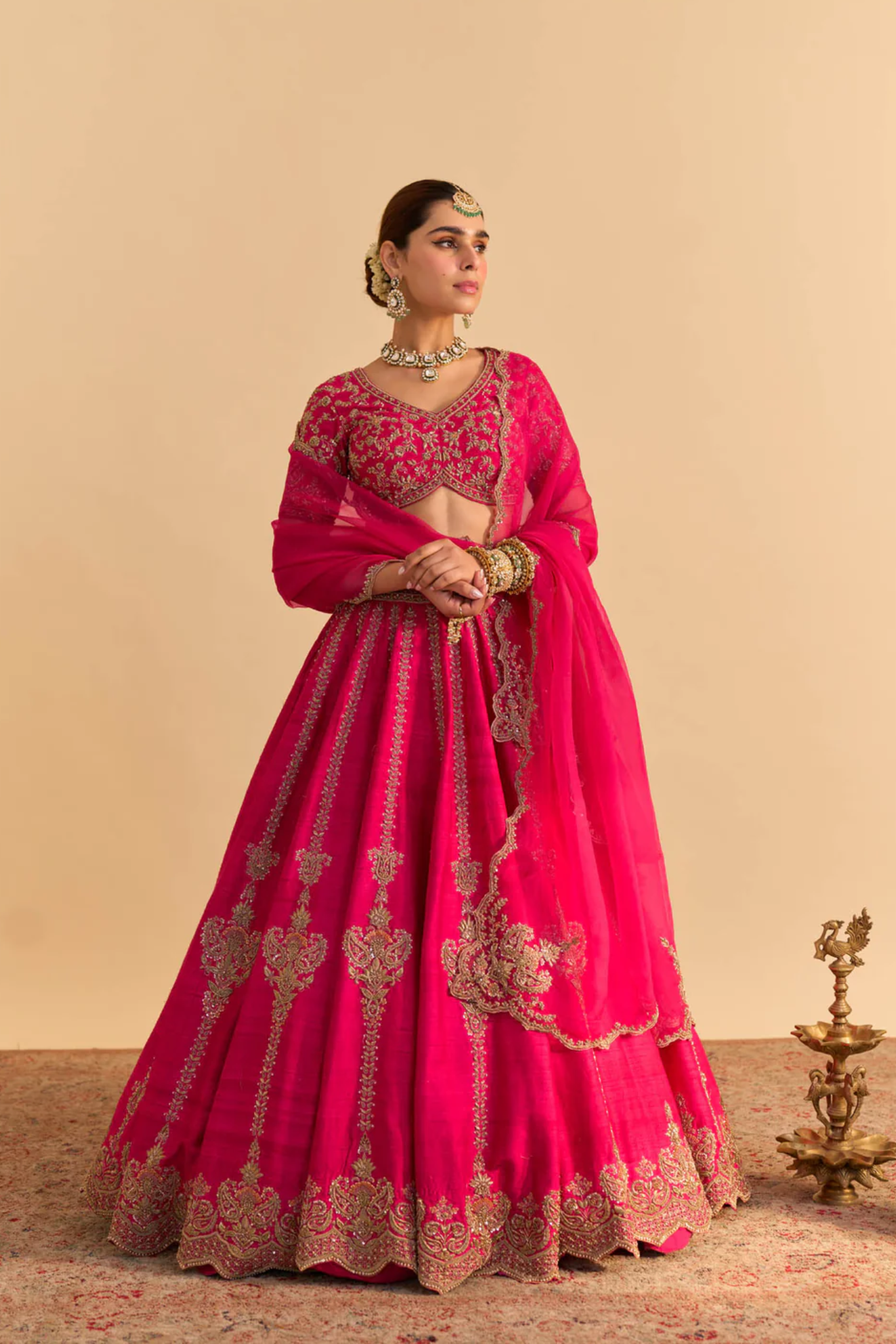 Naazila - Dabka Zardozi Embroidered Raw Silk Hotpink Lehenga Set