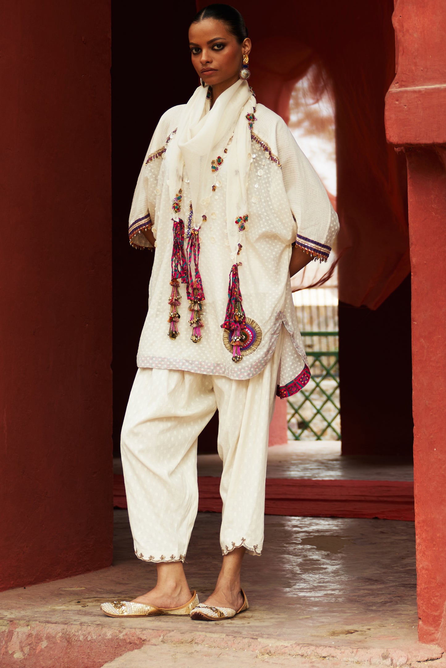 Ivory Embroidered Kaftan Set