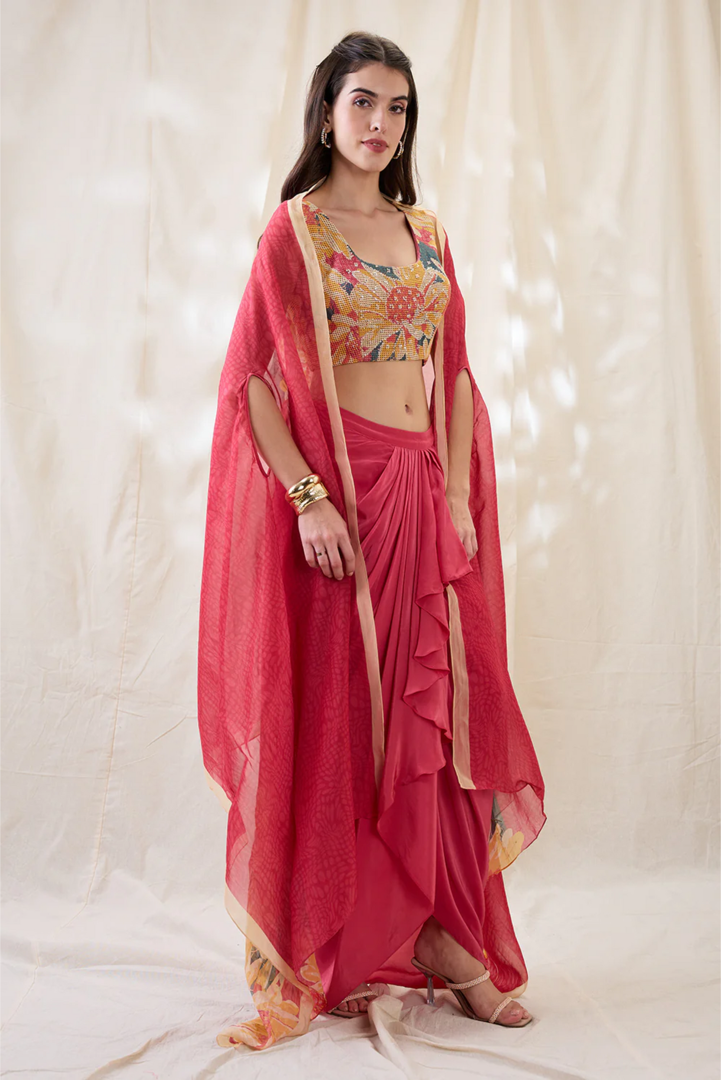 Ravya Drape Skirt Set with Embellished Cape