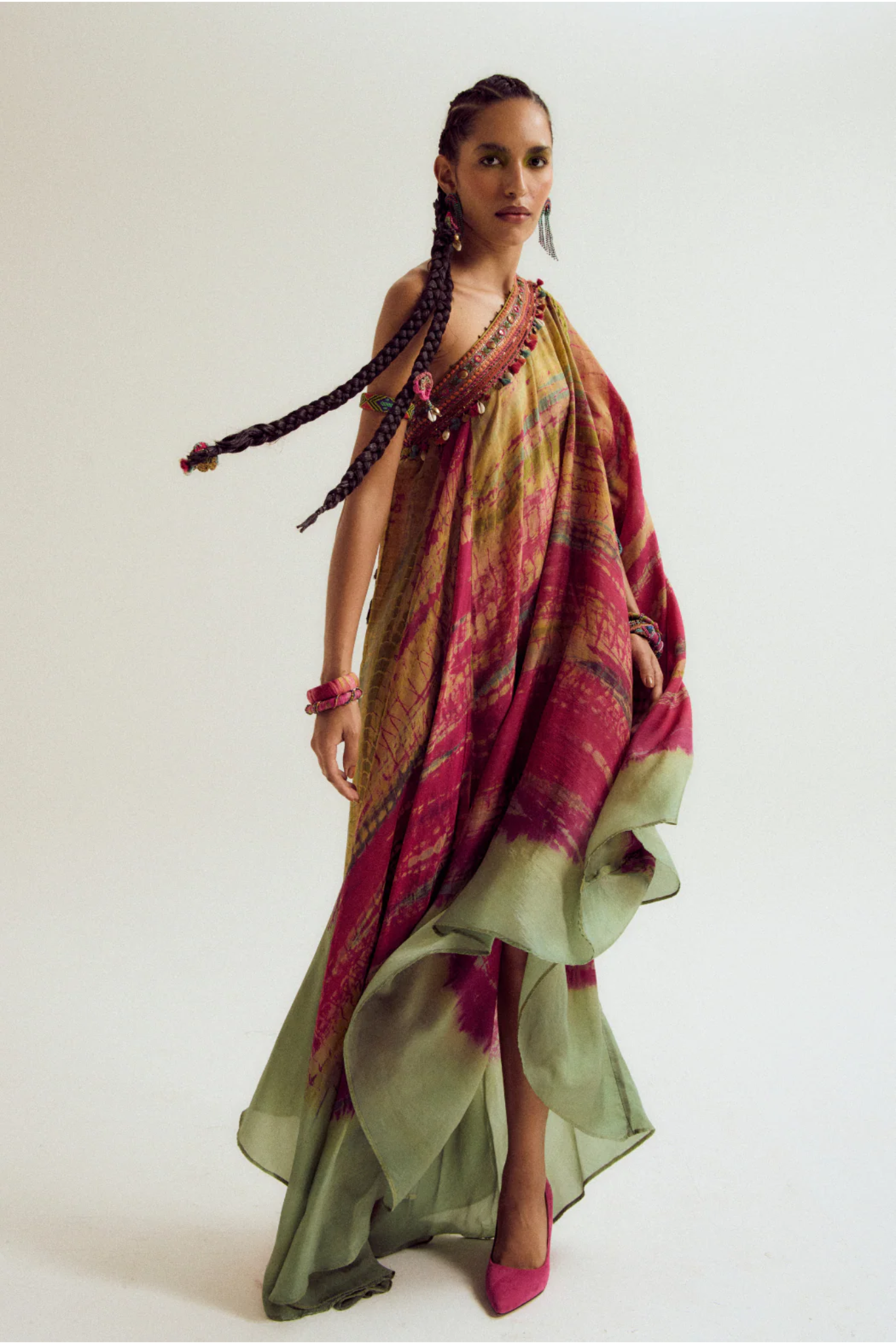 Heather off Shoulder Tie Dye Dress - Fuchsia / Sage