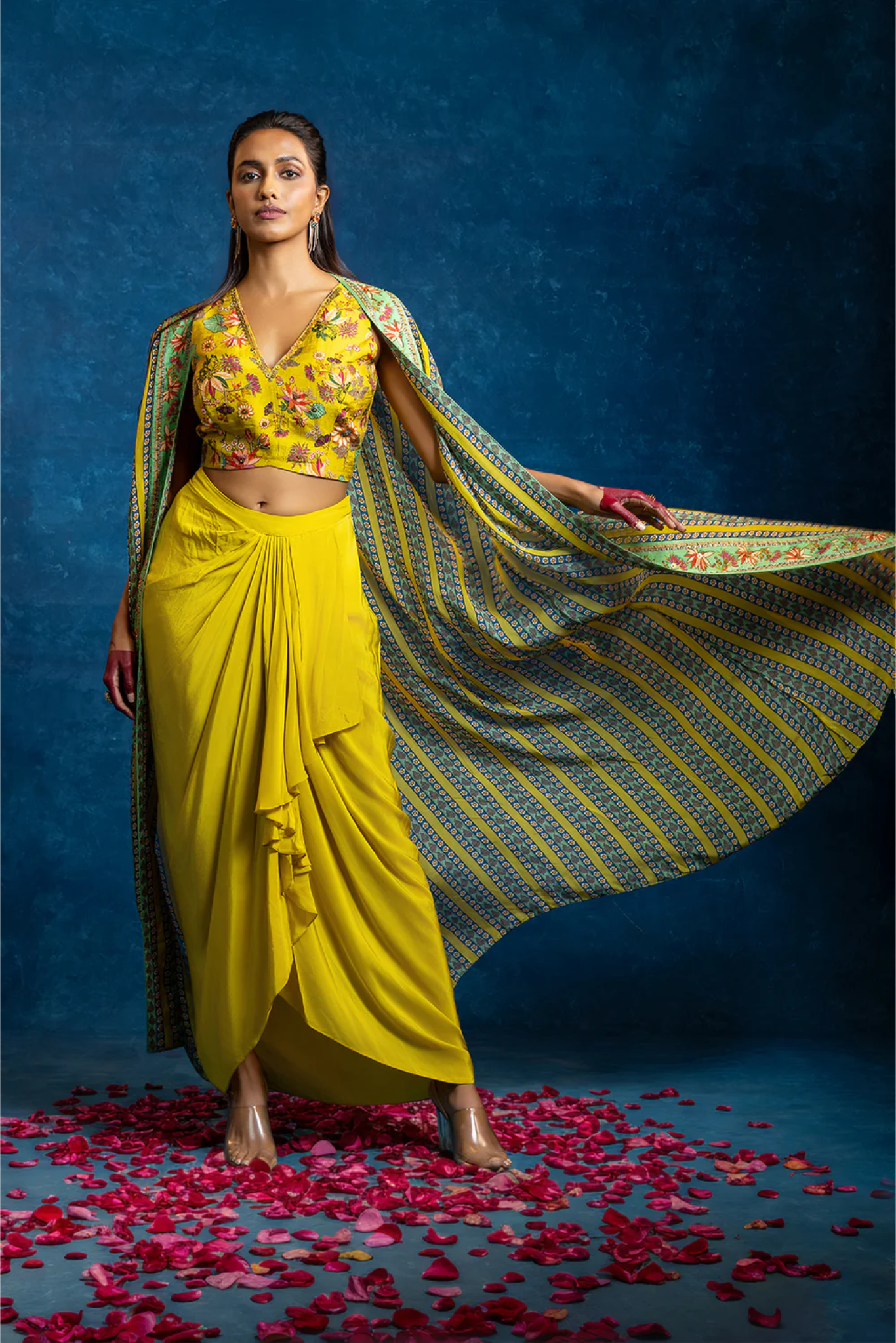 Aarani embellished drape skirt set with long cape
