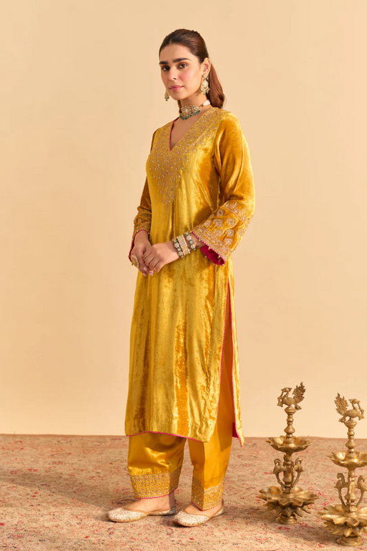 Aynaz - Silk Velvet Mustard Kurta With Salwar