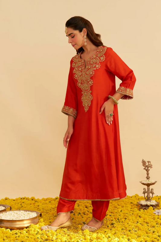 Hiba - Burnt Orange Long Kaftan With Salwar