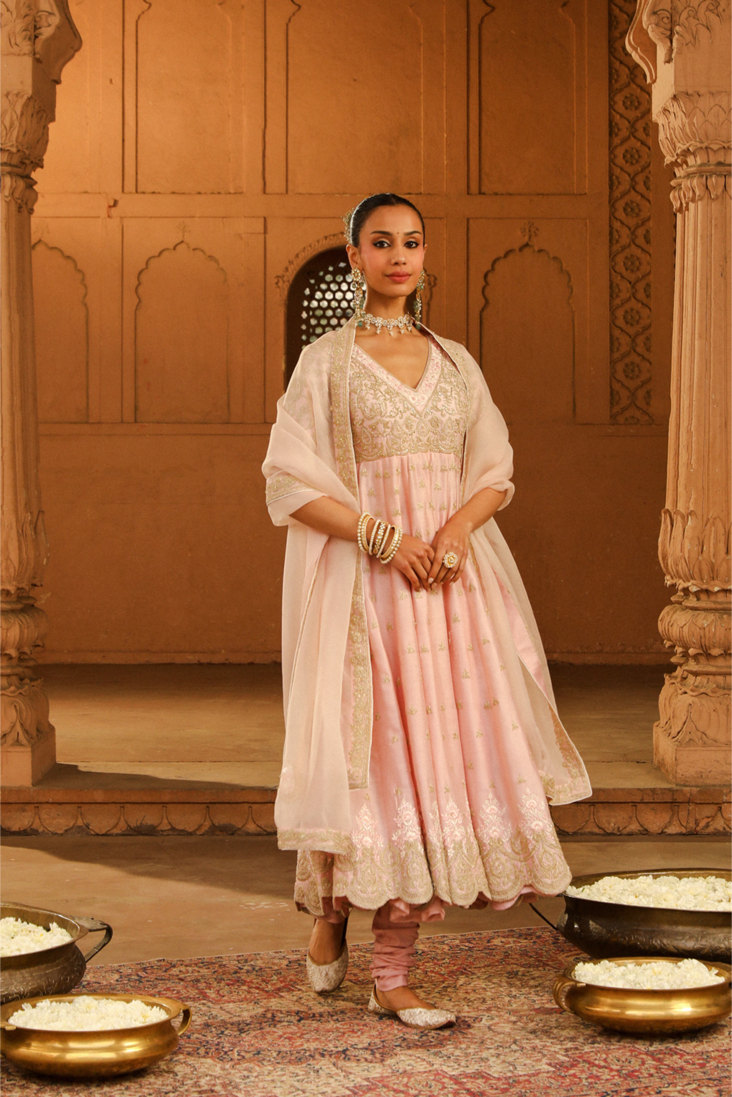 Wasifa Long Anarkali with chooridaar and dupatta - Blush Pink