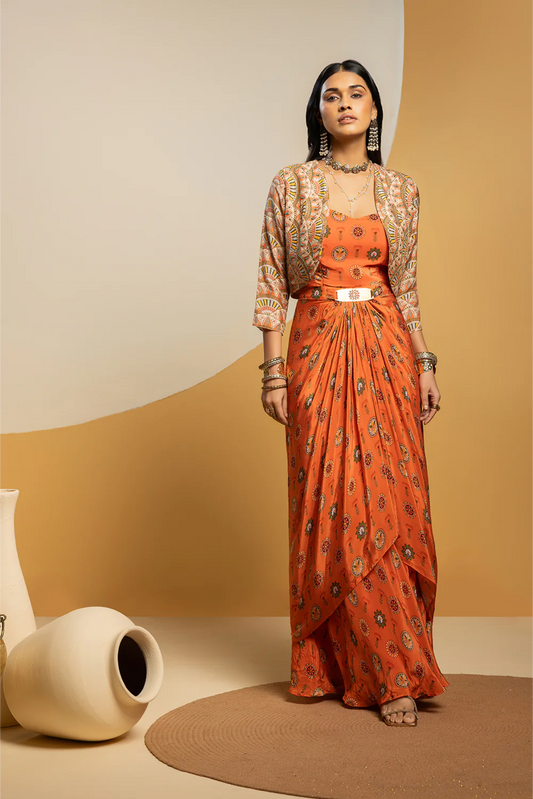 Taarani embellished long drape dress set