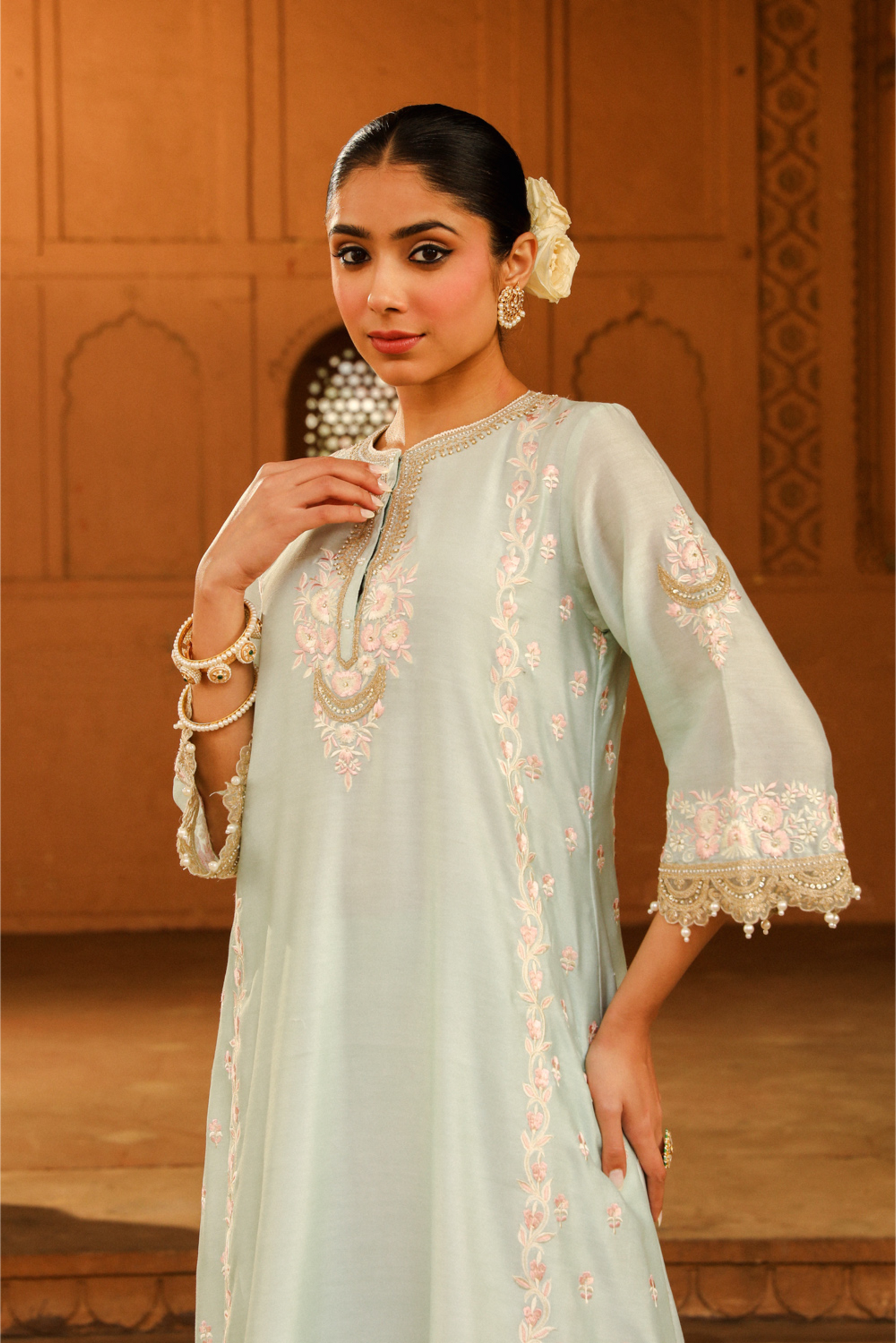 Yasna A-line palazzo suit with dupatta - Misty Green