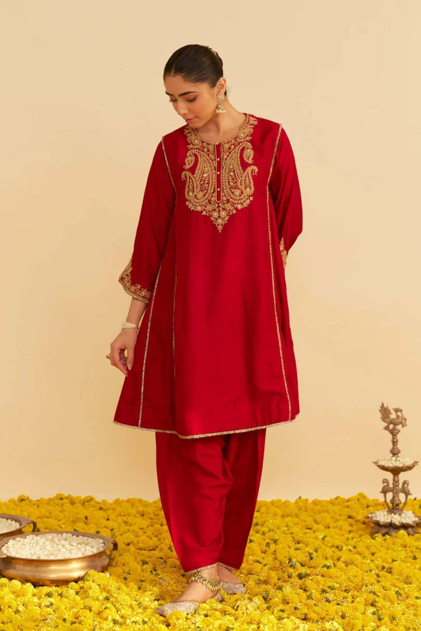Ayra - Deep Red Short Chauga With Salwar and Dupatta
