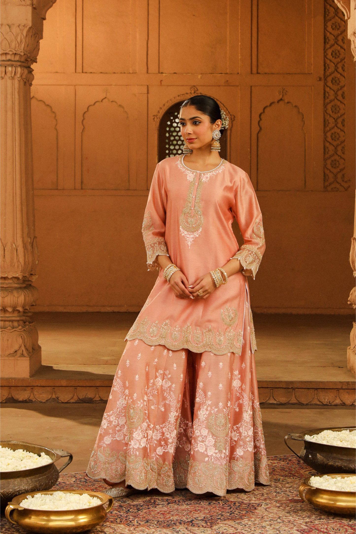 Ayda Short kurta with sharara and dupatta - Off Rose