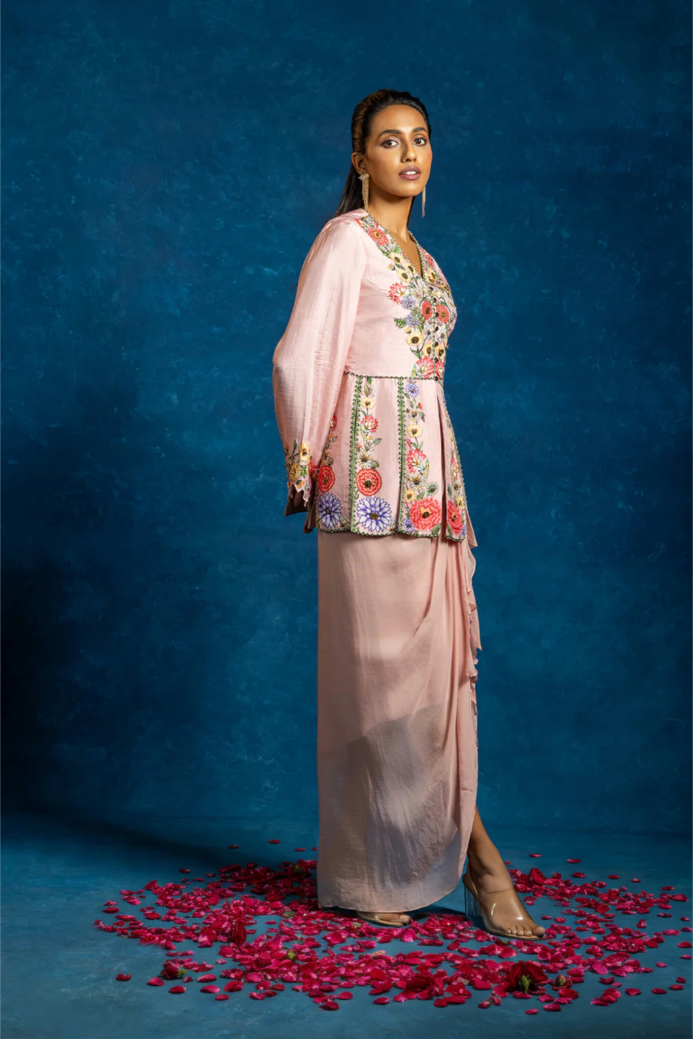 Baghira embellished panelled top with drape skirt