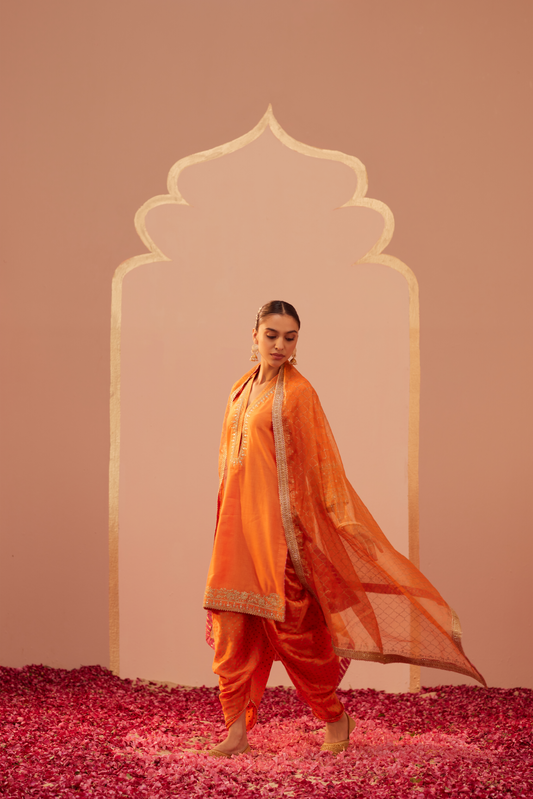 Faheeda Short Kurta with Dhoti Set - Tangerine Orange