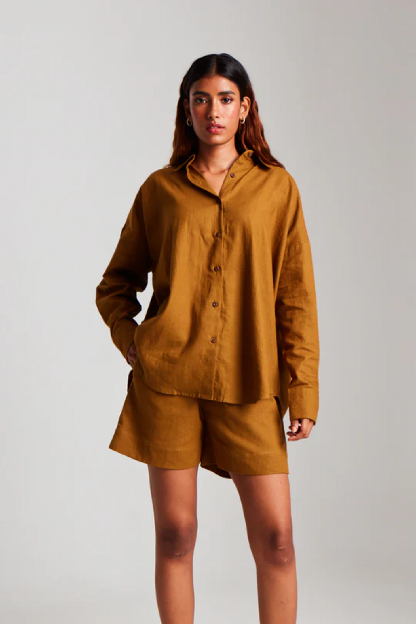 Olive Co-Linen Classic Shirt and Short Set