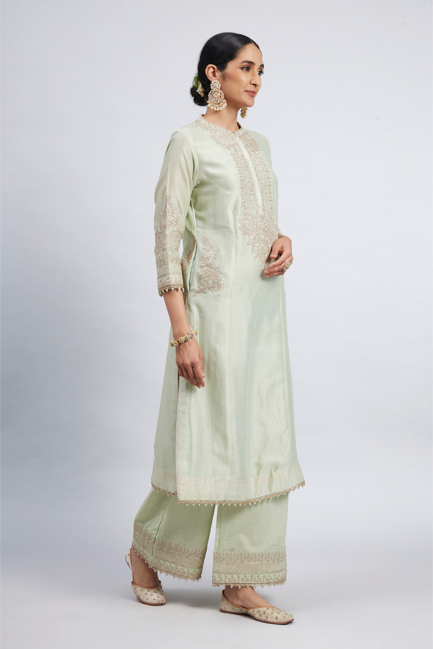 Aadah Princess Cut Long Kurta Set - Mint Green