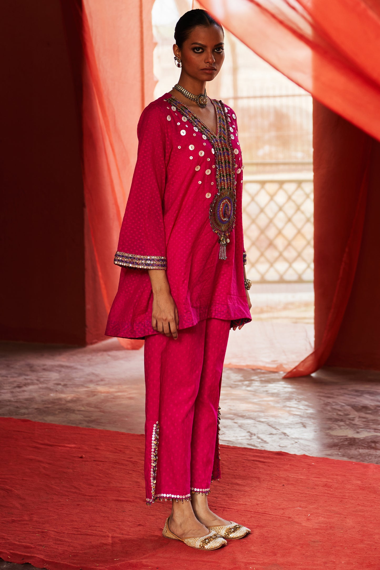 Pink Short Kurta with Slit Pants