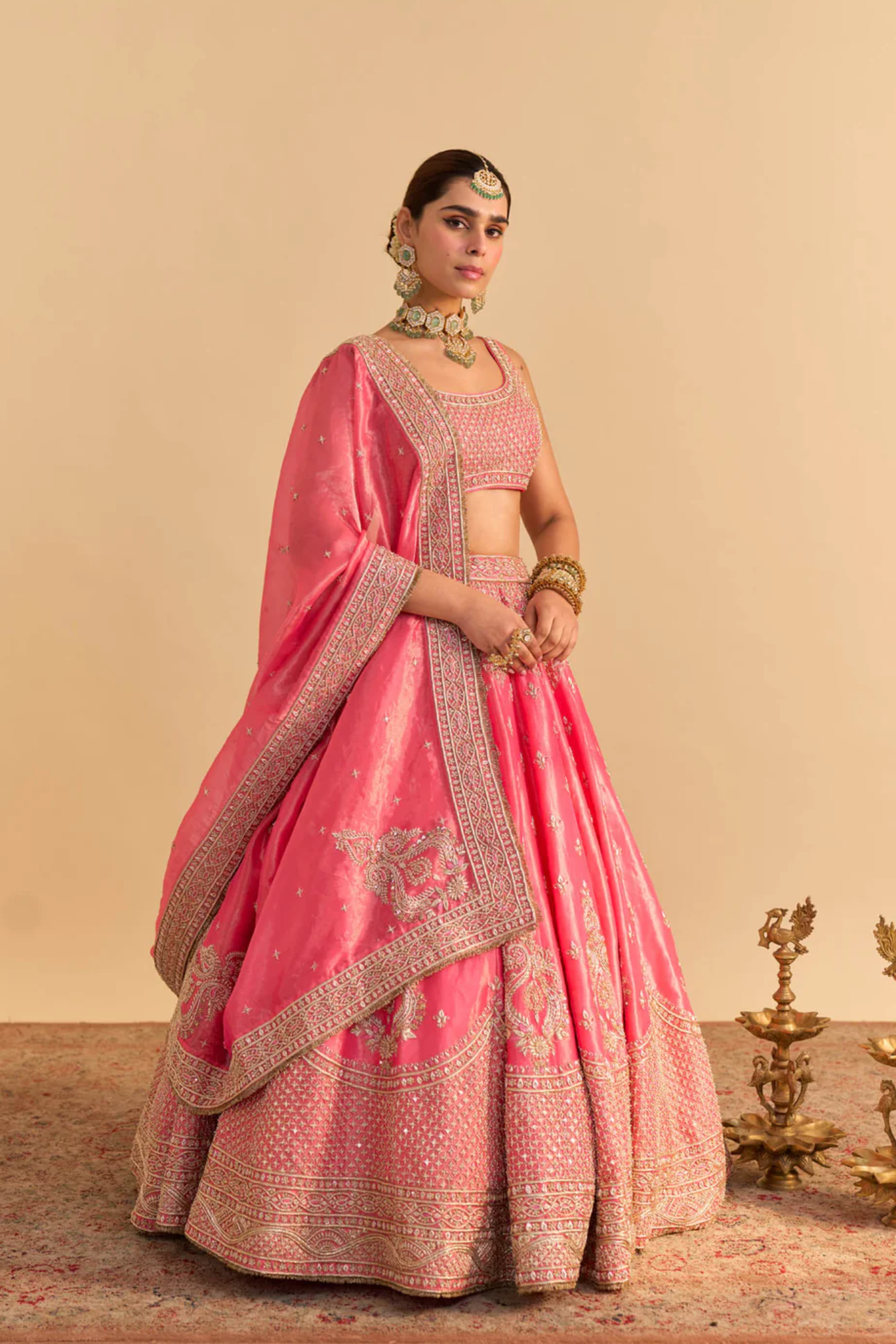Aashina - Dabka Zardozi Embroidered Pure Tissue Carrot Pink Lehenga Set