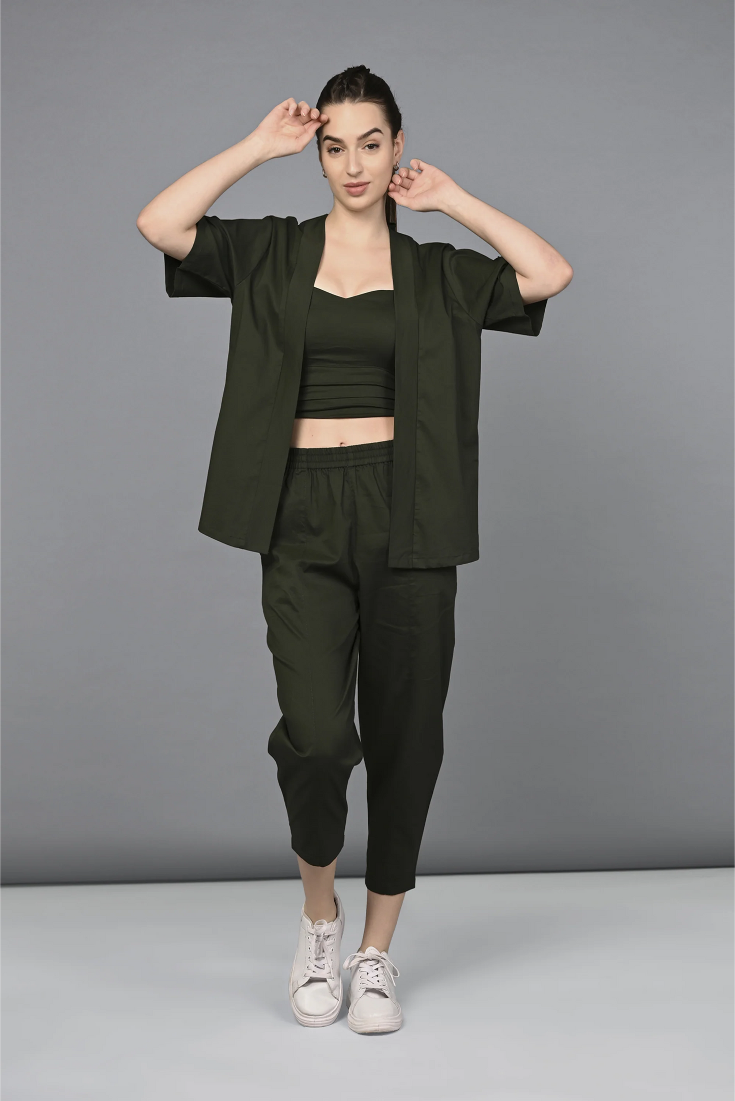 Military Green Open Jacket and Yoga Pants Set