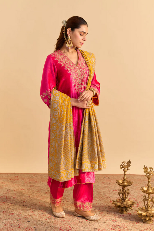 Aynaz - Silk Velvet Hotpink Kurta With Salwar and Dupatta