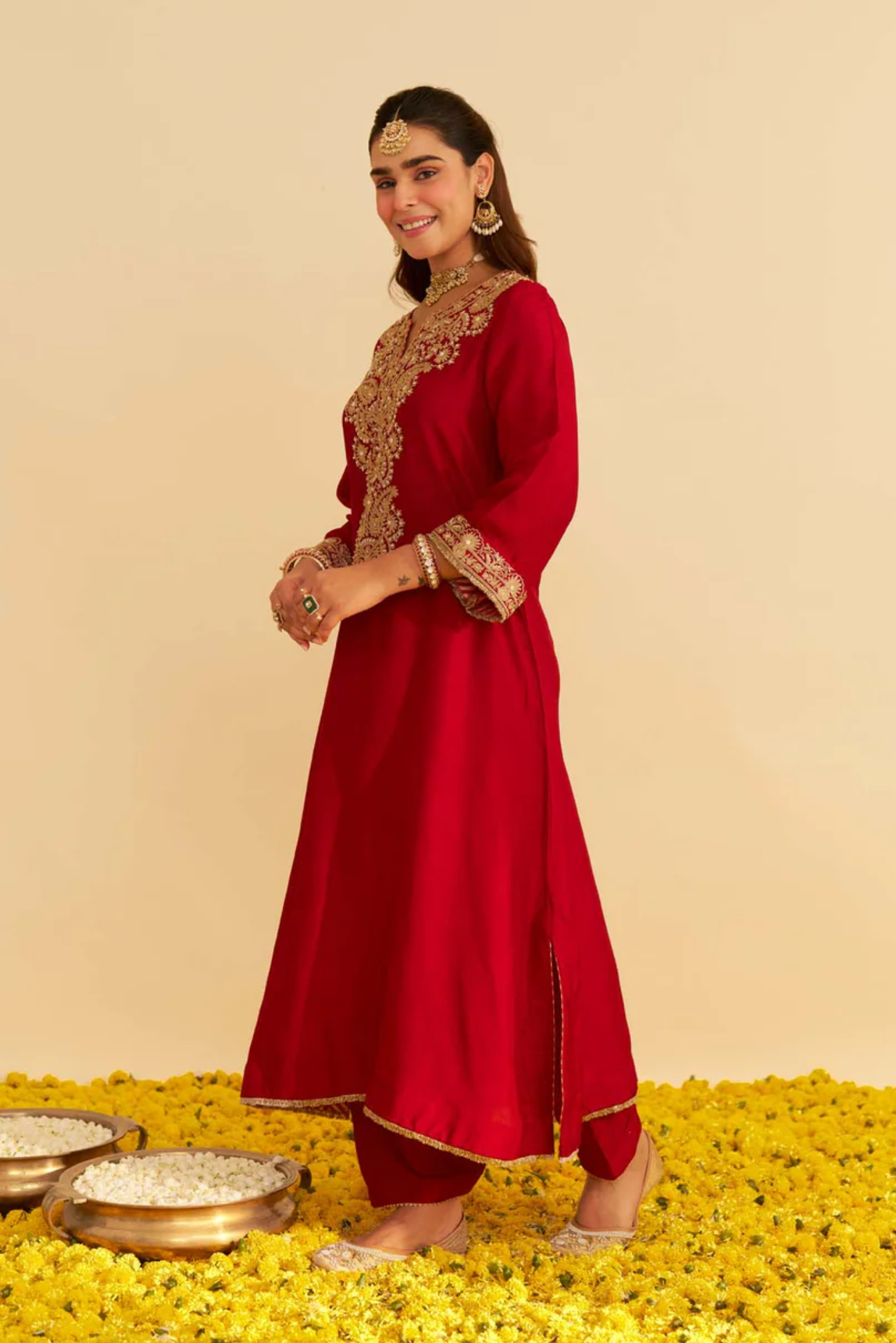 Hiba - Deep Red Long Kaftan With Salwar