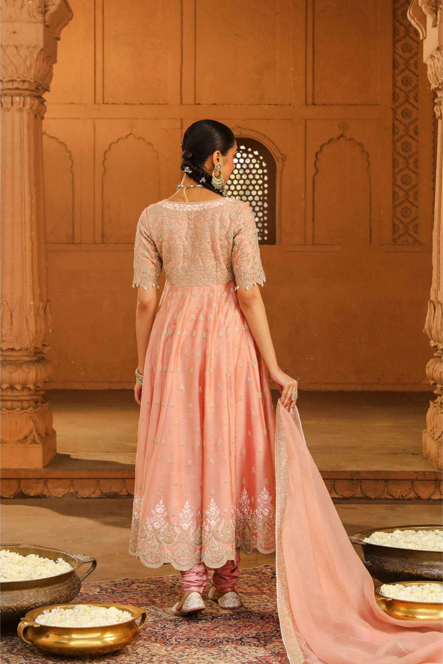 Wasifa Long Anarkali with chooridaar and dupatta - Off Rose