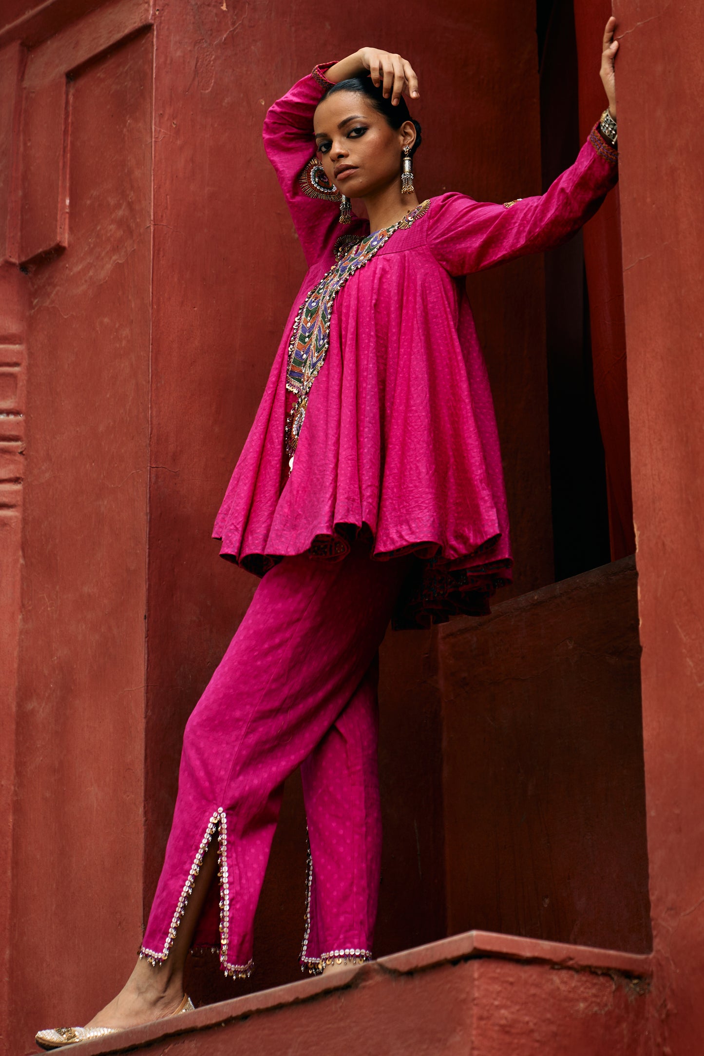 Pink Peplum Top with Slit Pants