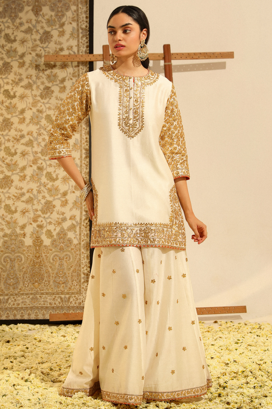 Shadaab Hand Embroidered Kurta Sharara Set - Daisy Ivory