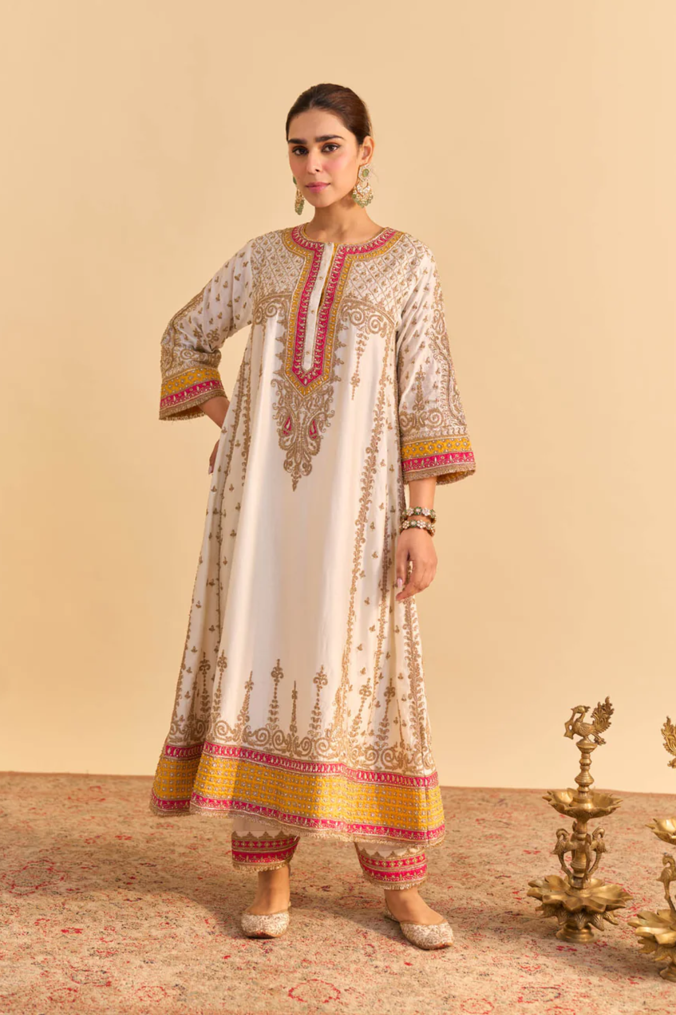 Zoya - Dabka Zardozi Embroidered Rich Banarasi Kalidaar Daisy Ivory Long Chauga Set
