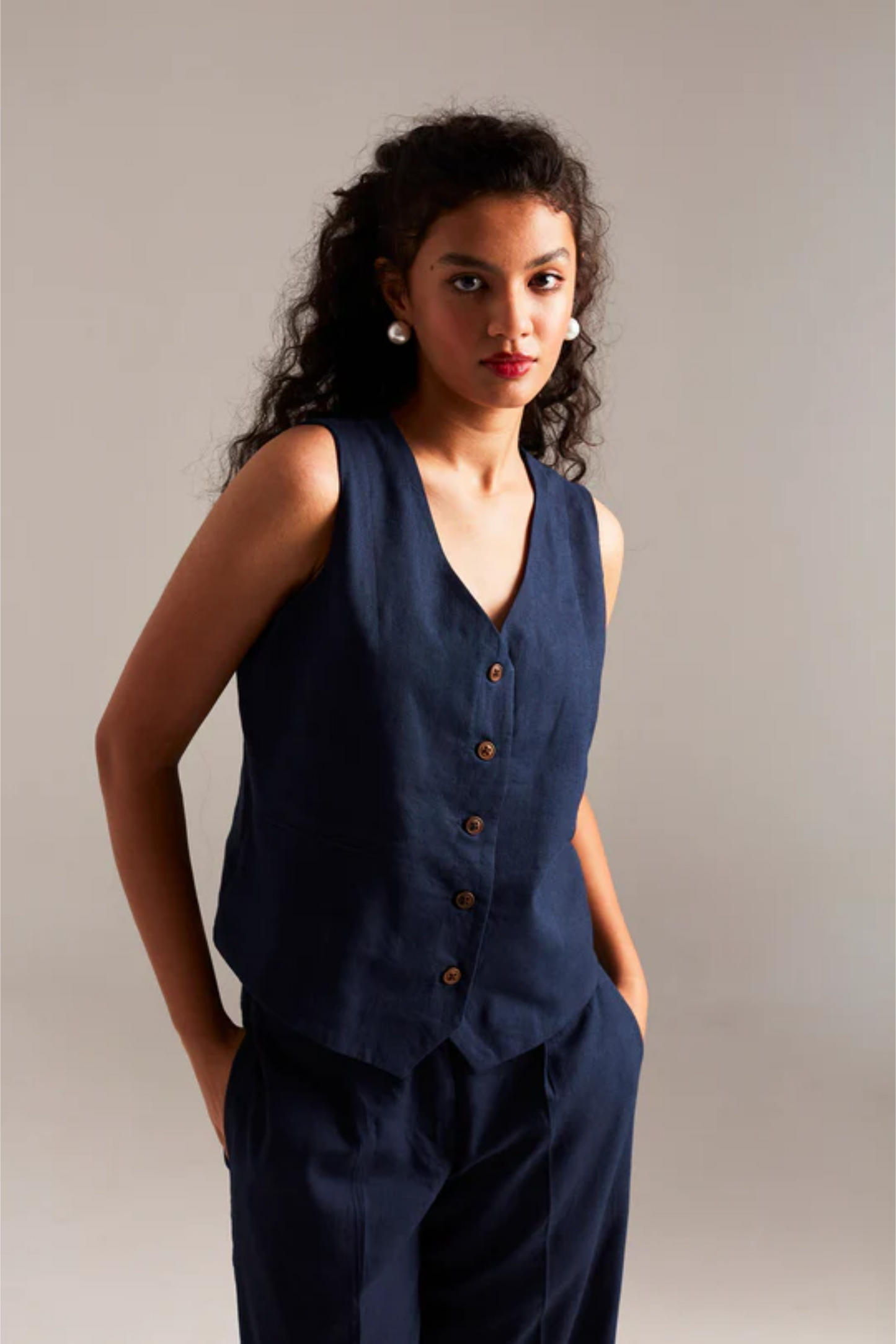 Navy Co-Linen Waistcoat Set