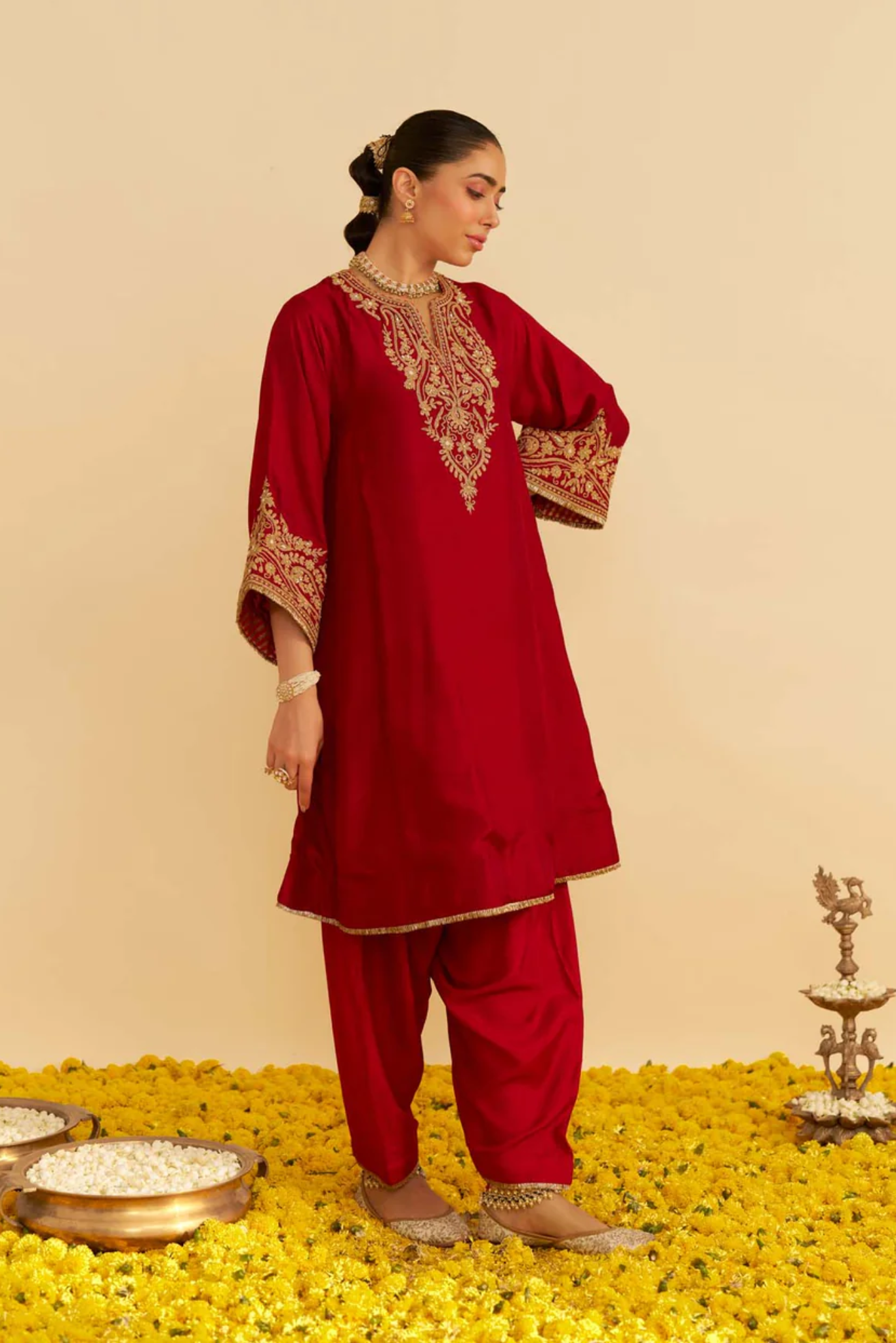 Marwa - Deep Red Short Chauga With Salwar and Dupatta