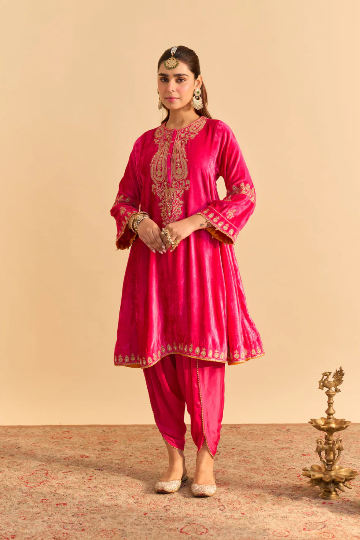 Amal - Silk Velvet Hotpink A-line Kurta with Dhoti