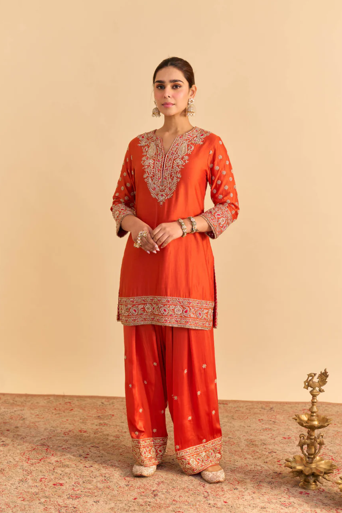 Naseha Burnt orange Dabka Zardozi Embroidered Short kurta Set