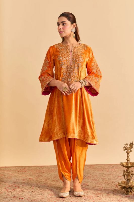 Eira - Silk Velvet Orange A-line Kurta With Dhoti
