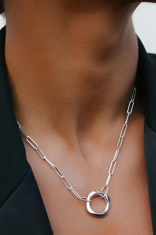 Squircle Pendant With Paperclip Chain In Sterling Silver