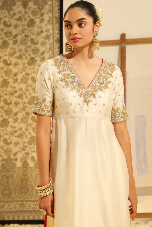 Shahnawaz Hand Embroidered Long kurta Set - Daisy Ivory