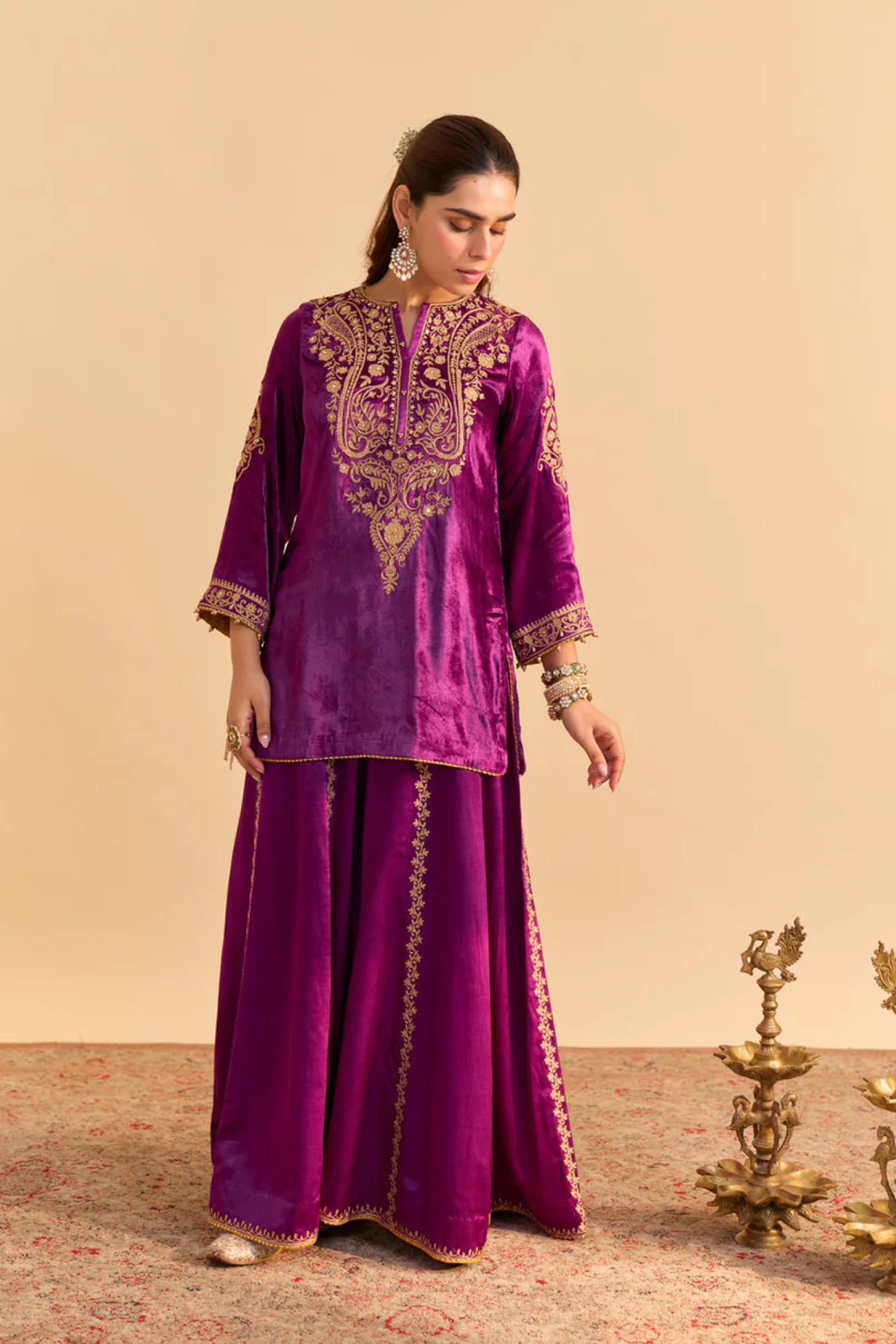 Aroob - Silk Velvet Deep Purple Kurta With Sharara And Dupatta