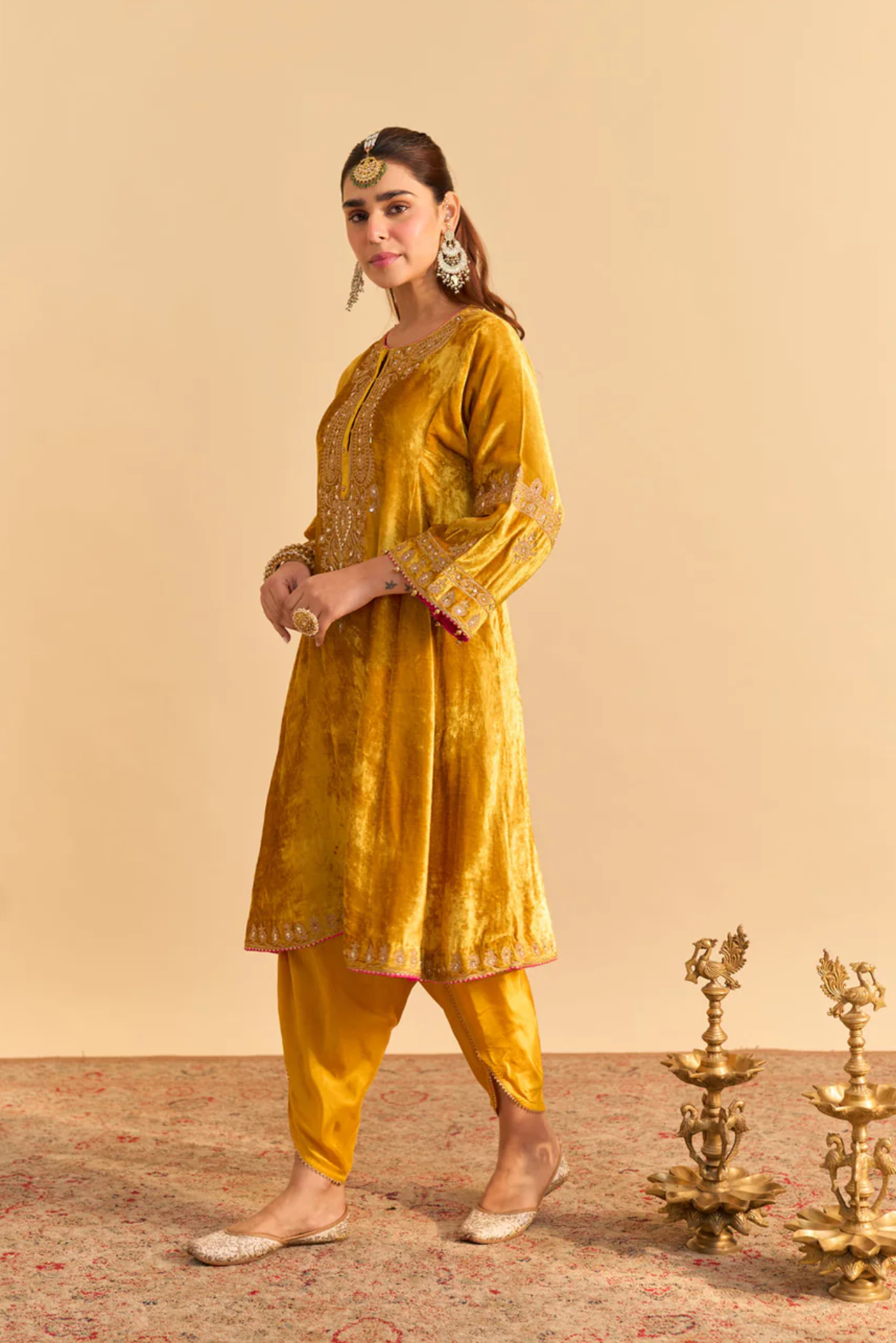 Amal - Silk Velvet Mustard A-line Kurta with Dhoti