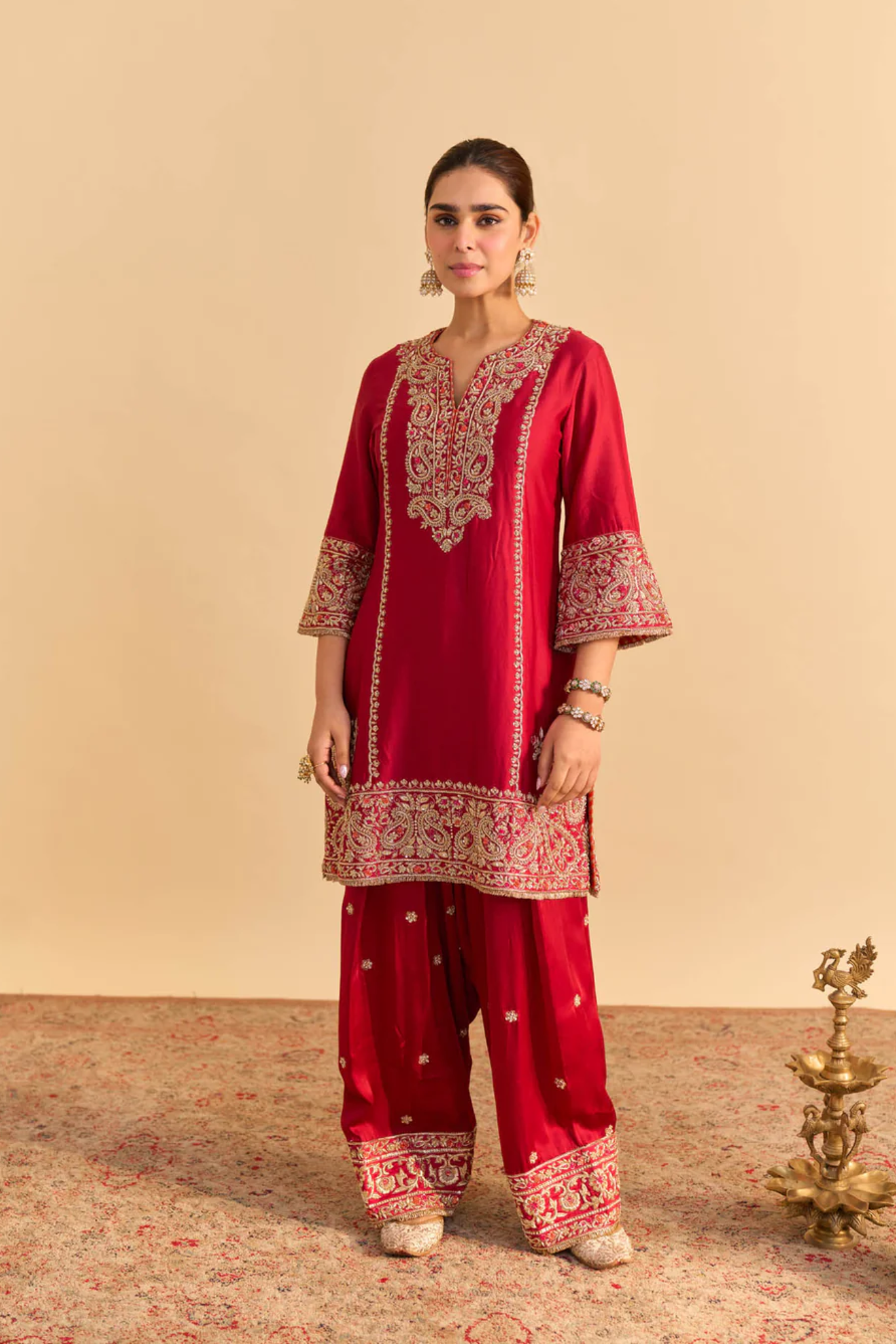 Dua Deep red Dabka Zardozi Embroidered Short kurta Set