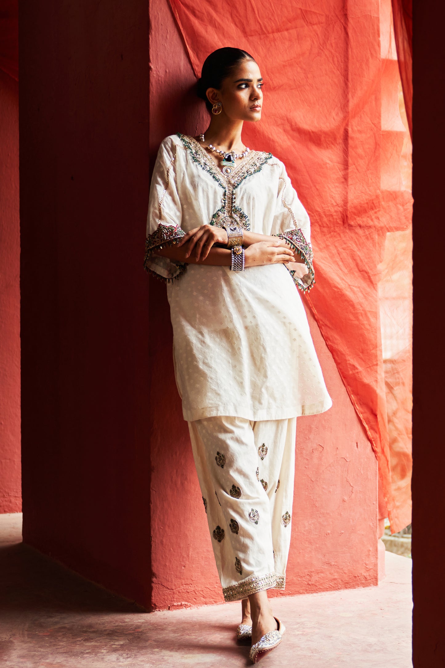 Ivory Short Kaftan Kurta and Salwar Set