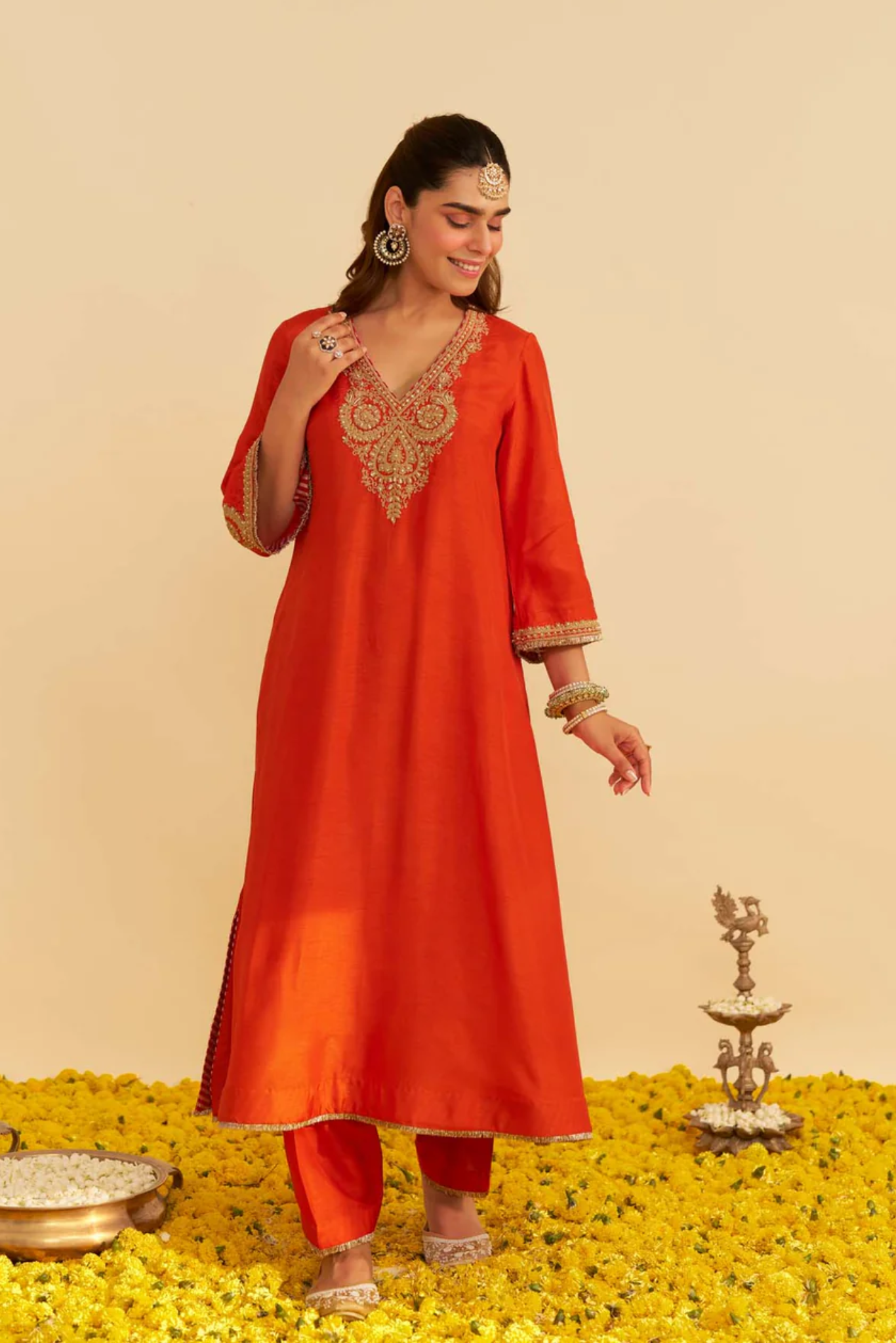 Haayat - Burnt Orange Long Kaftan With Salwar