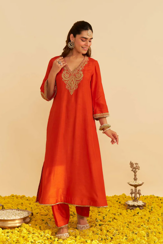 Haayat - Burnt Orange Long Kaftan With Salwar