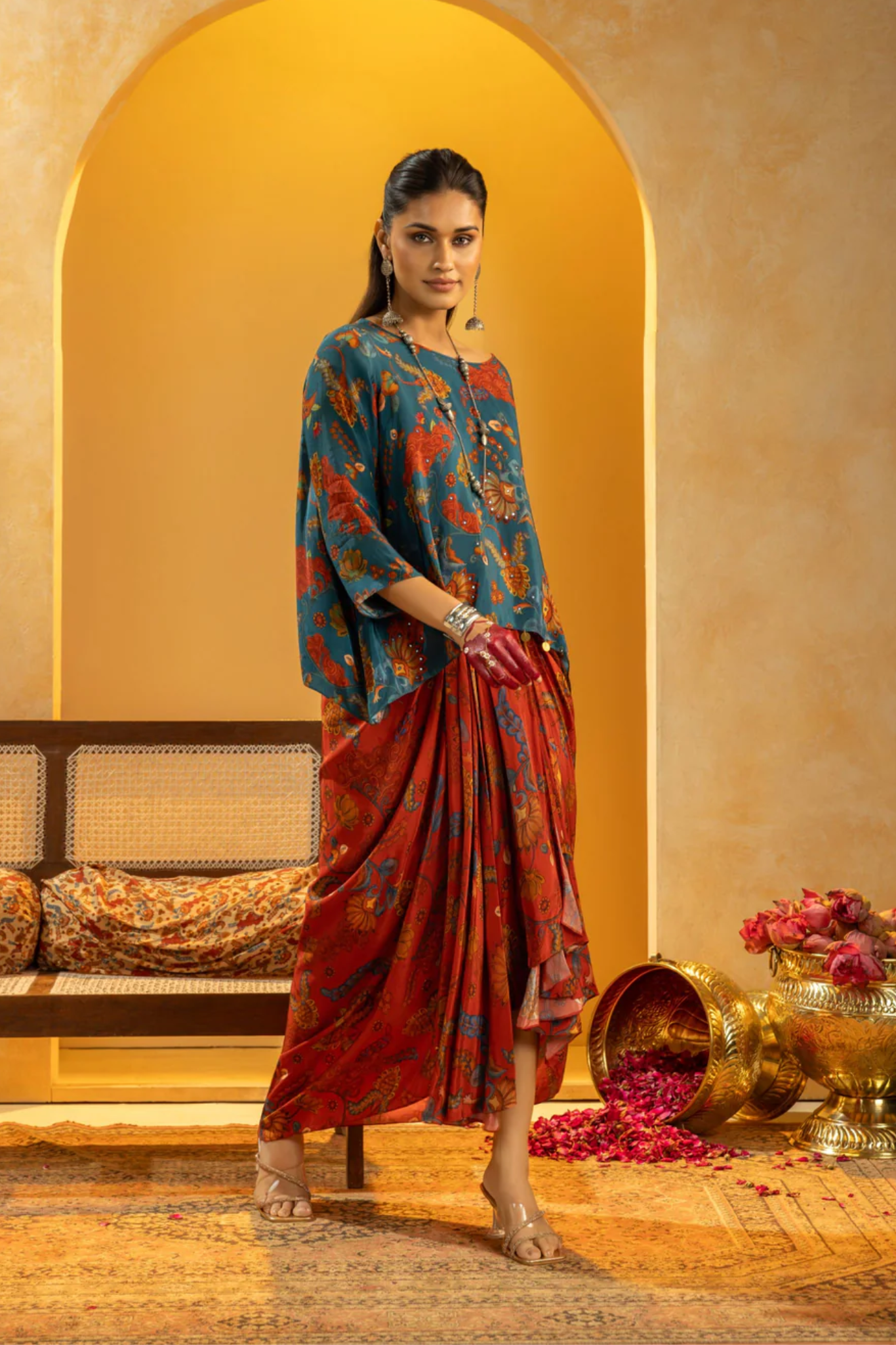 Rangtara embellished drape skirt set