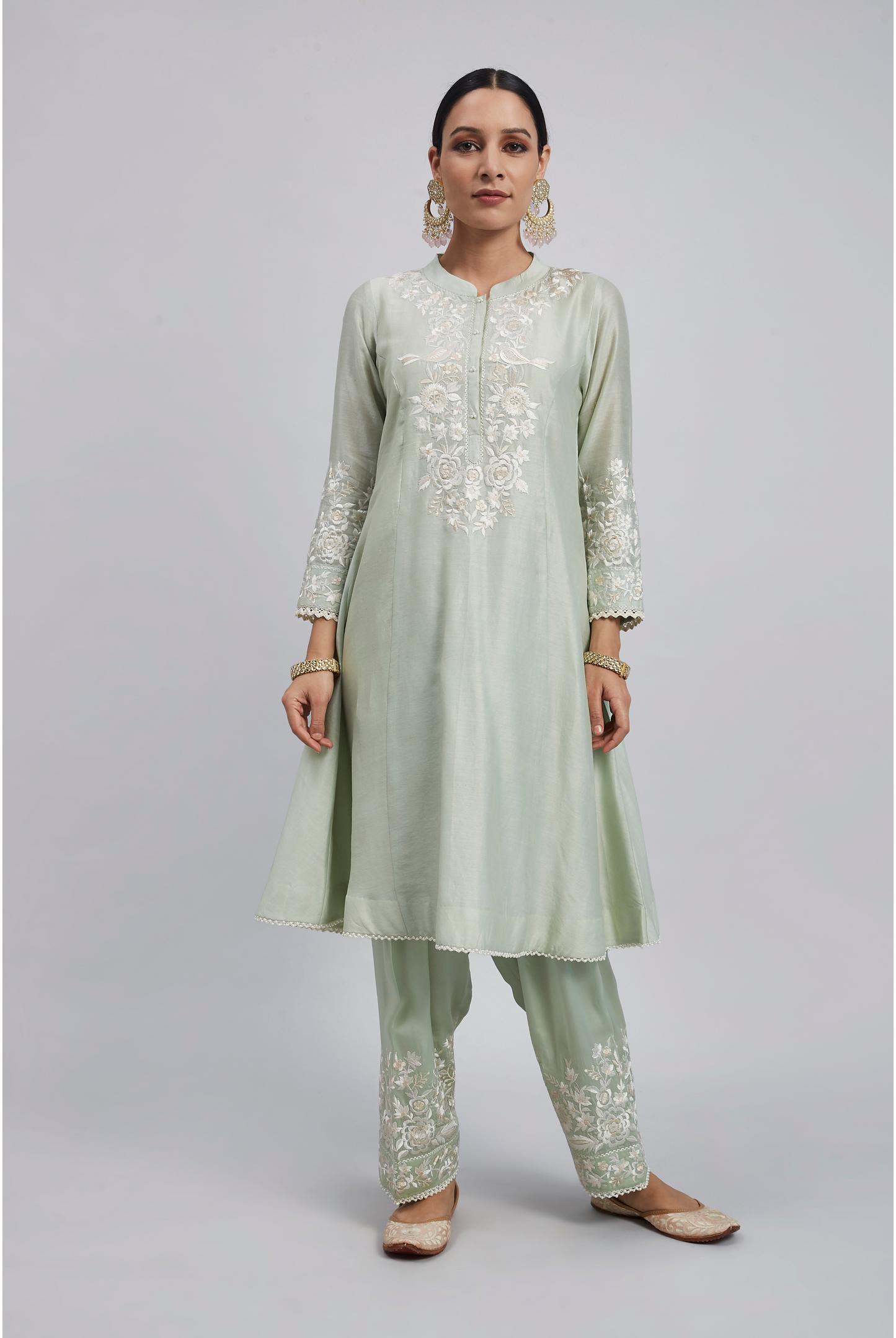 Kaina Pure Chanderi Silk Parsi Gara Embroidered Ensemble- Mint Green