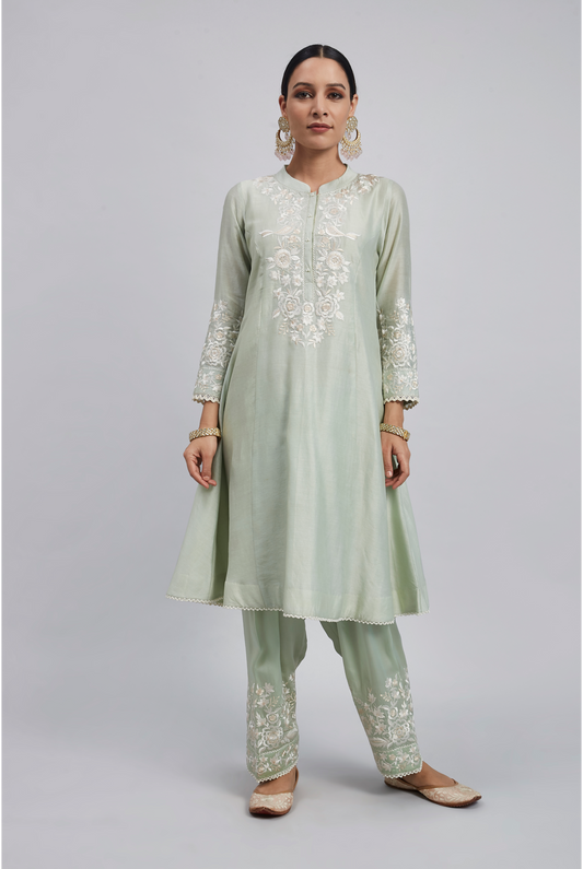 Kaina Pure Chanderi Silk Parsi Gara Embroidered Ensemble- Mint Green