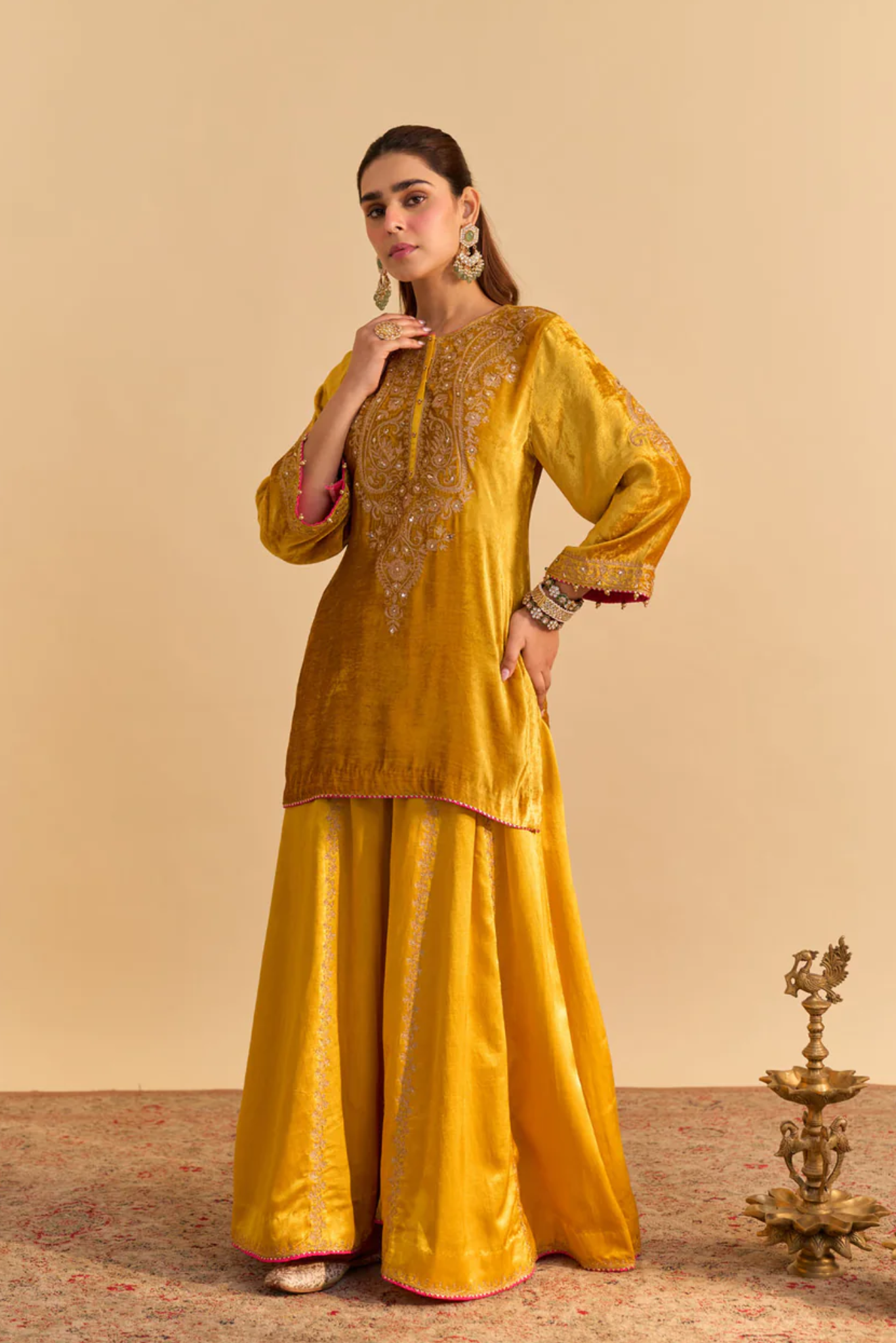 Aroob - Silk Velvet Mustard Kurta With Sharara And Dupatta