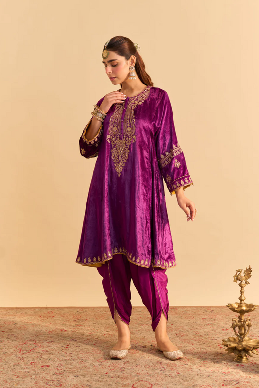 Amal - Silk Velvet Deep Purple A-line Kurta with Dhoti