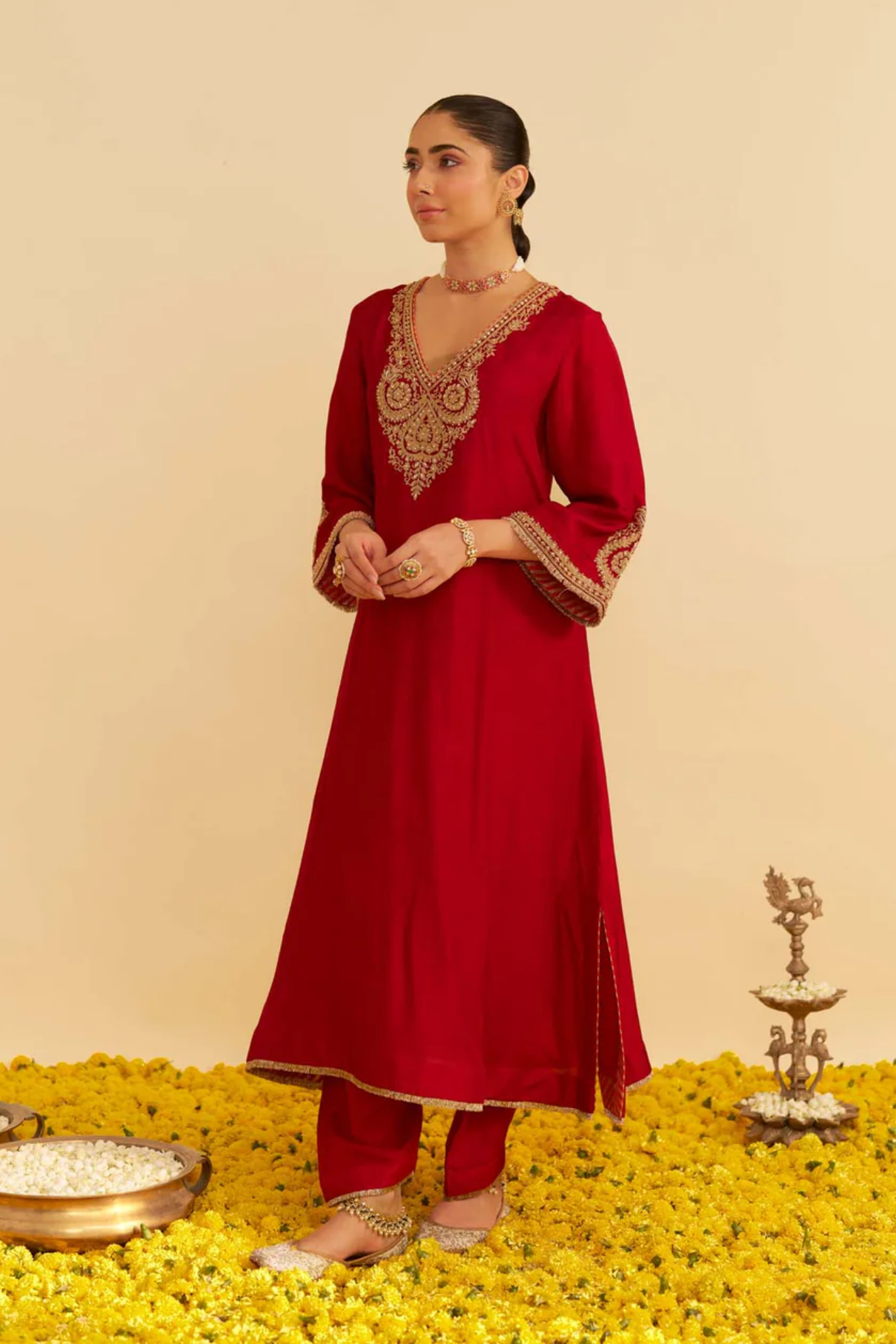 Haayat - Deep Red Long Kaftan With Salwar