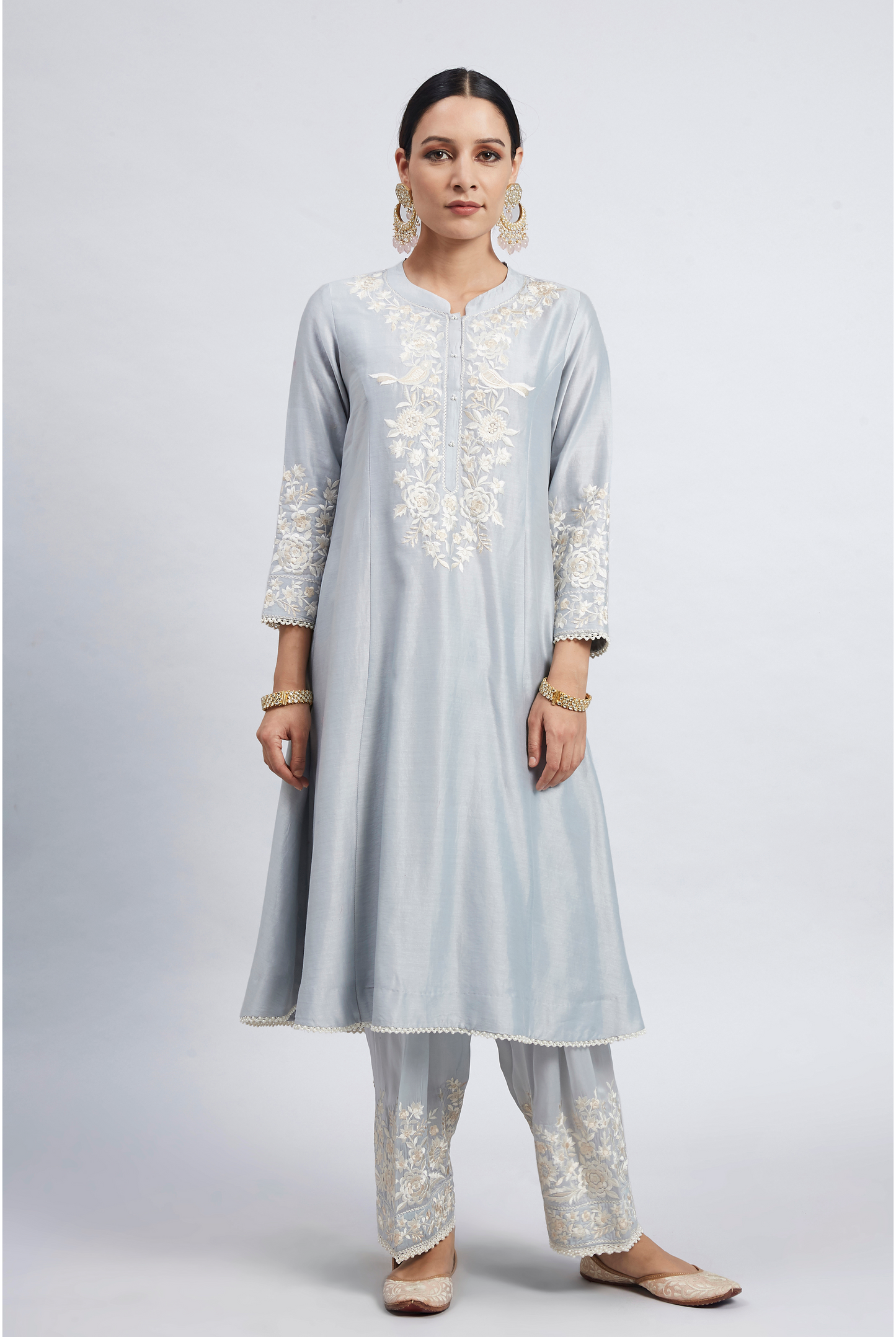 Kaina Pure Chanderi Silk Parsi Gara Embroidered Ensemble - Teal Blue