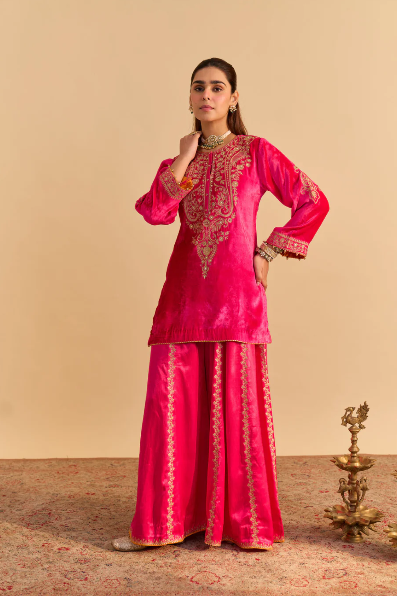 Aroob - Silk Velvet Hotpink Kurta With Sharara And Dupatta