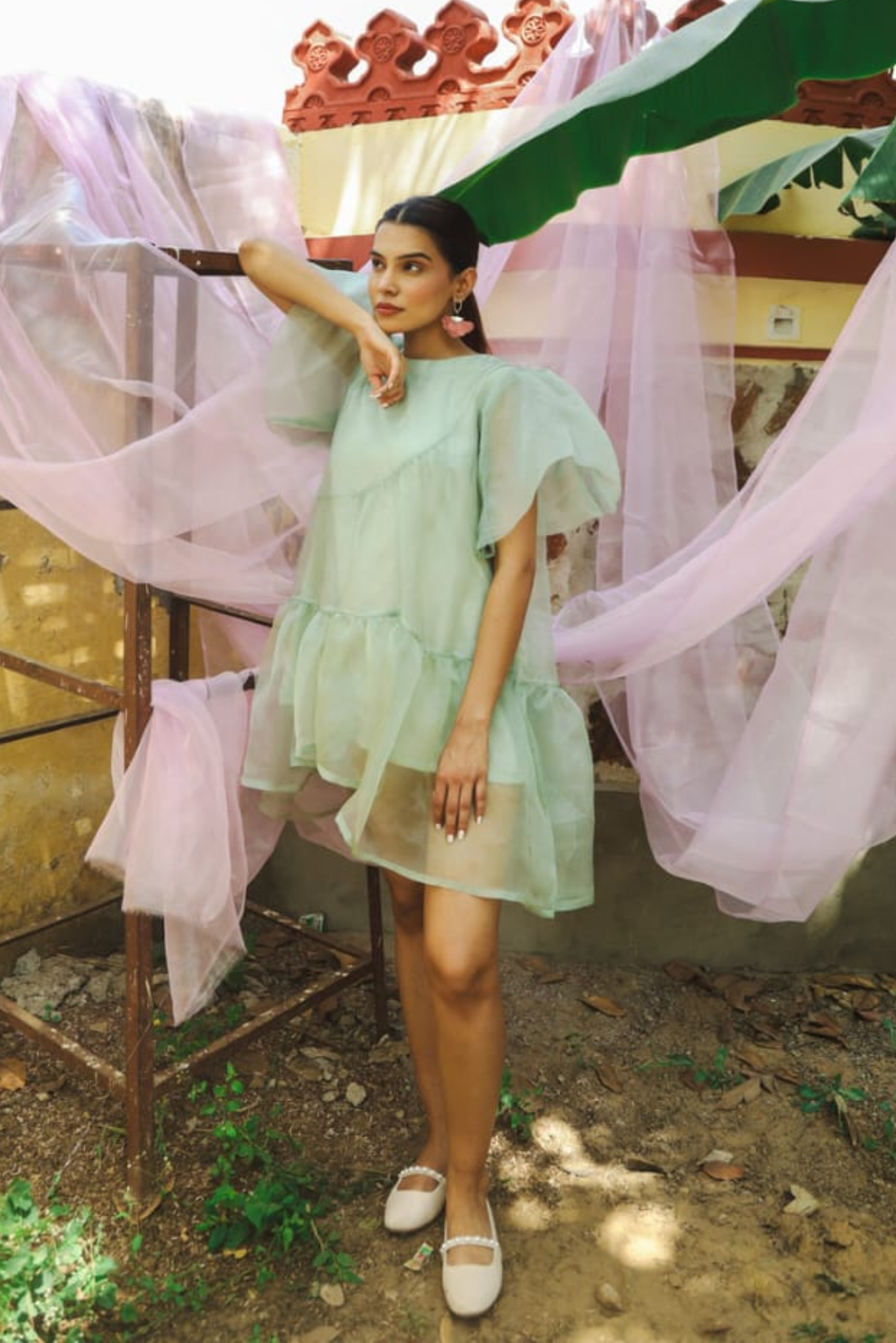 Mini Panelled Tier Dress- Pistachio