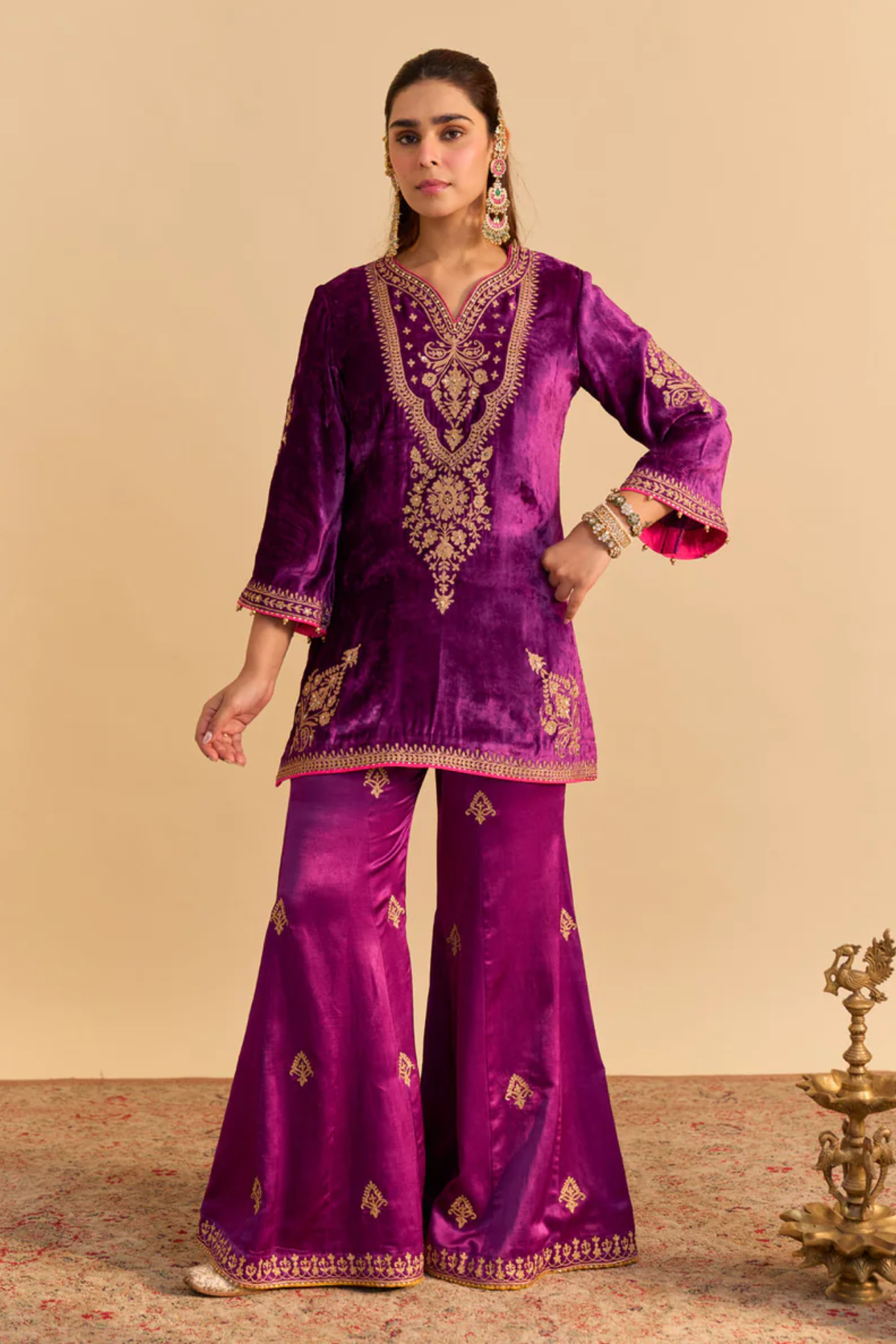Nooren - Silk Velvet Deep Purple Kurta With Flared Palazzo And Dupatta